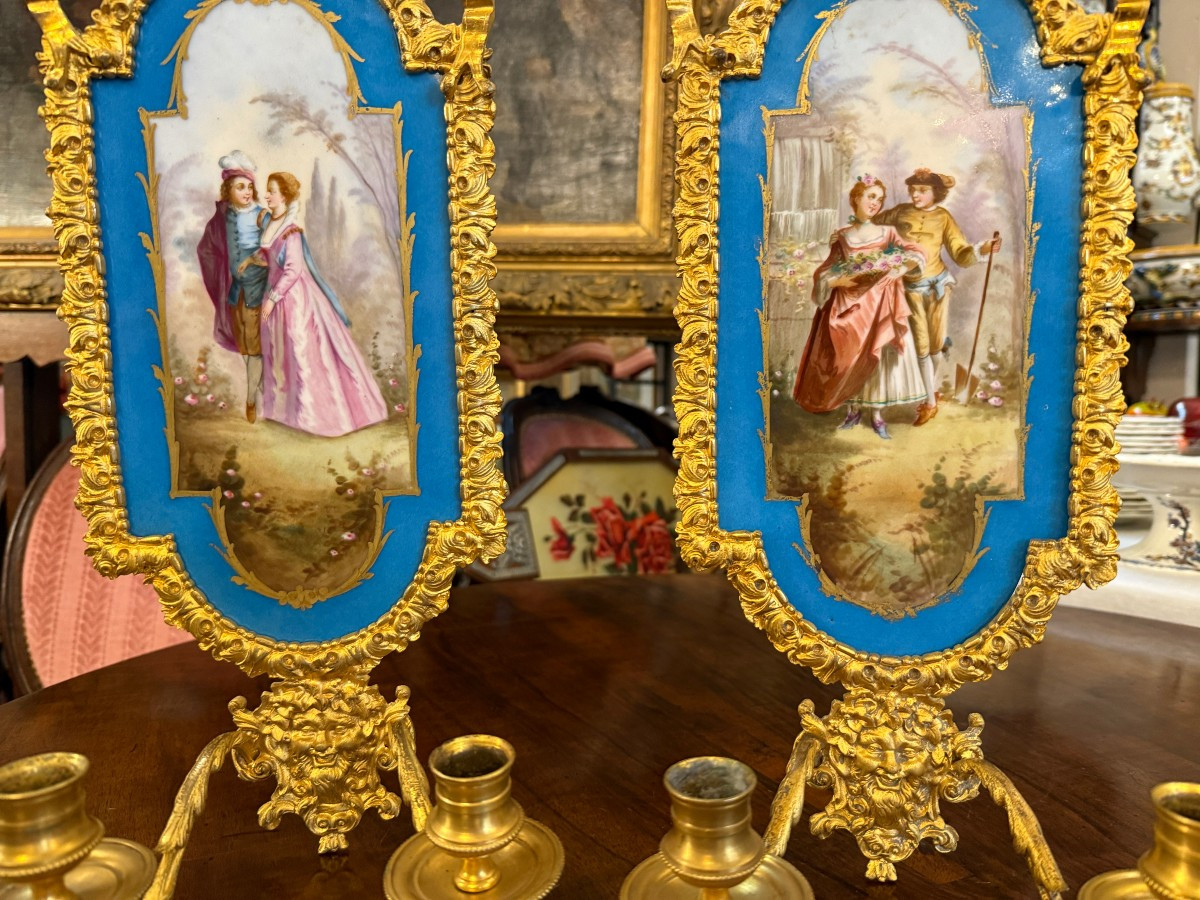 Paire d'appliques en bronze doré et porcelaine dans le goût de Sèvres époque Napoléon III-photo-3
