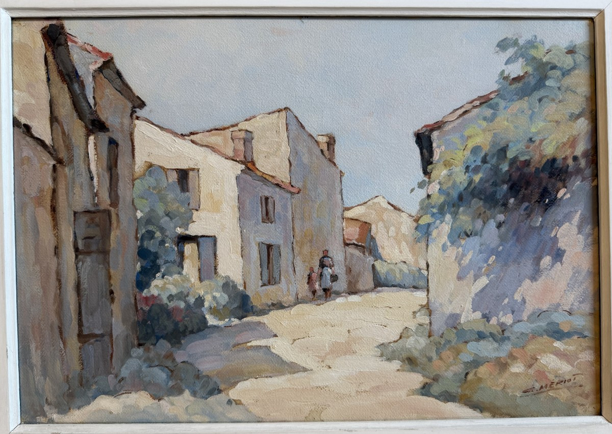 Large Gouache Of A Lively Alley On The Island Of Oléron By Camille Mériot Rochefort-photo-2
