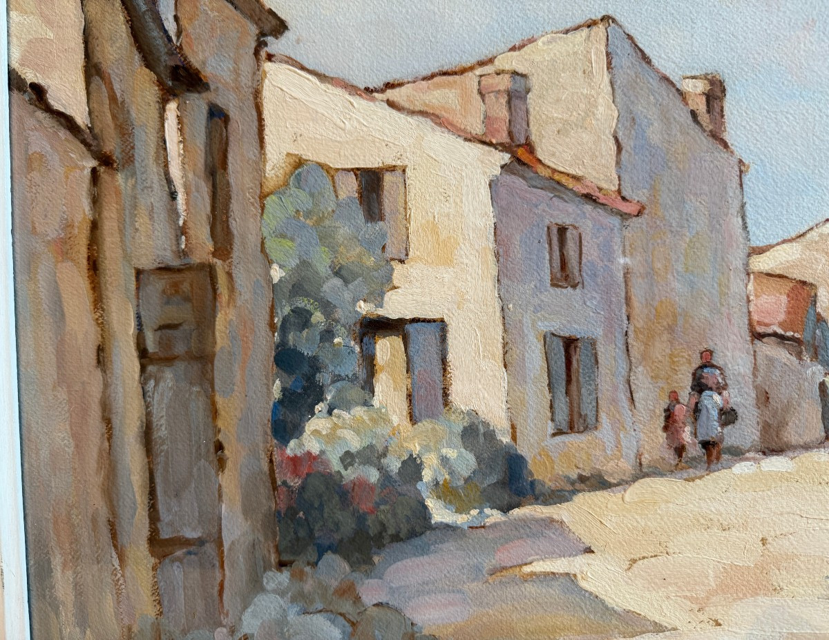 Large Gouache Of A Lively Alley On The Island Of Oléron By Camille Mériot Rochefort-photo-2