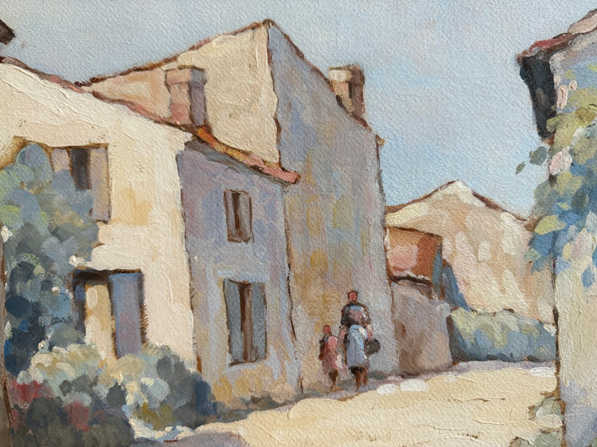 Large Gouache Of A Lively Alley On The Island Of Oléron By Camille Mériot Rochefort-photo-3
