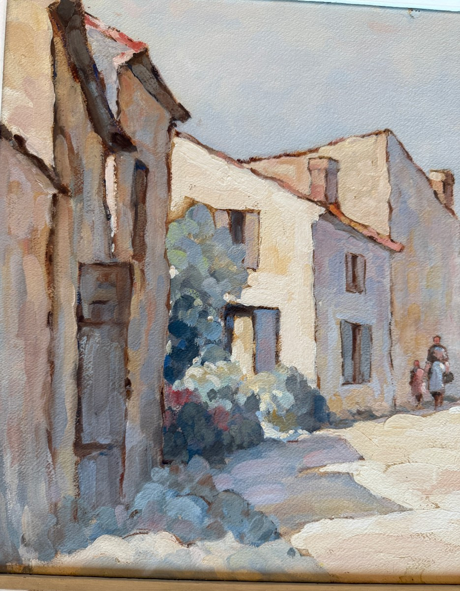 Large Gouache Of A Lively Alley On The Island Of Oléron By Camille Mériot Rochefort-photo-4