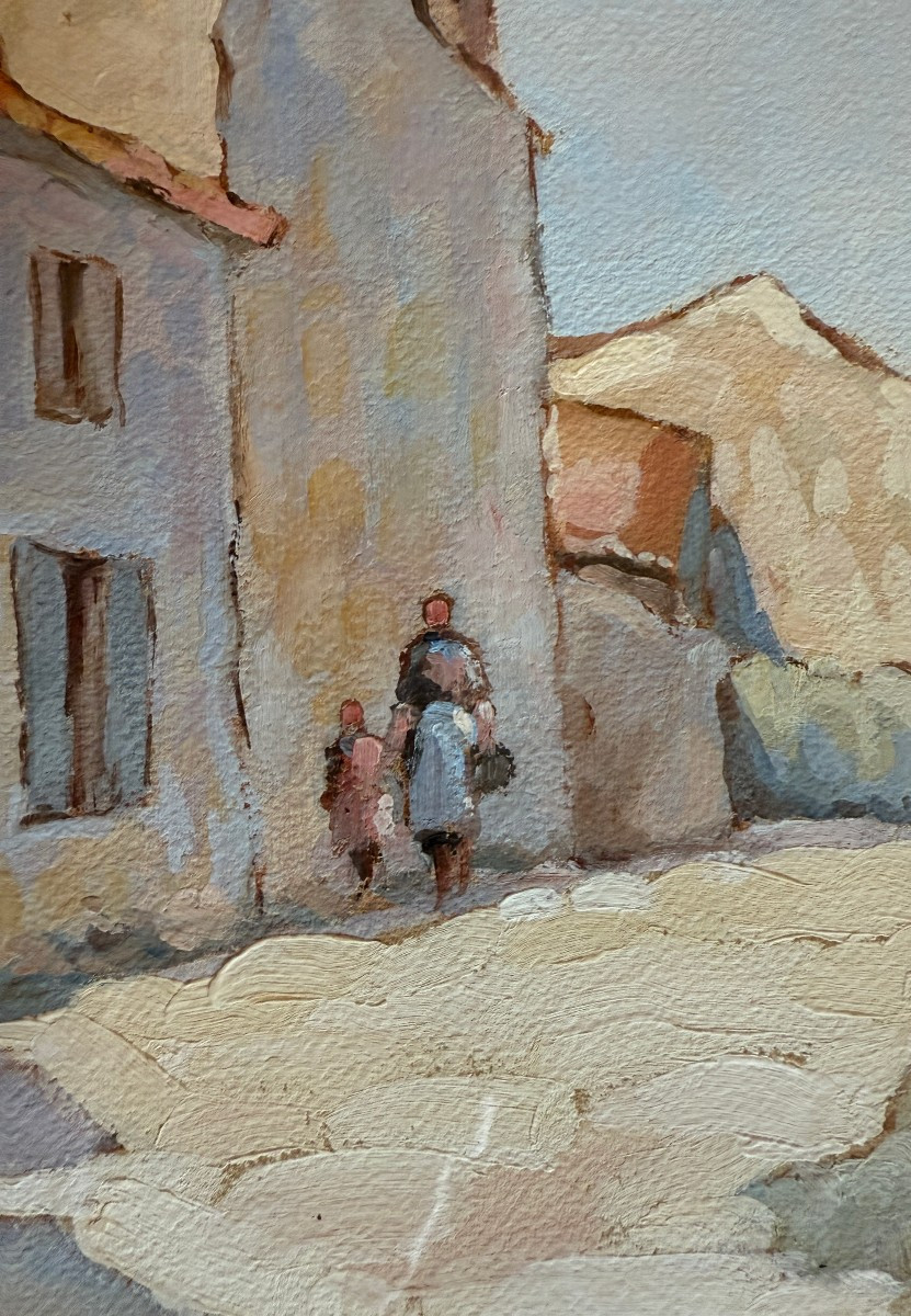 Large Gouache Of A Lively Alley On The Island Of Oléron By Camille Mériot Rochefort-photo-5