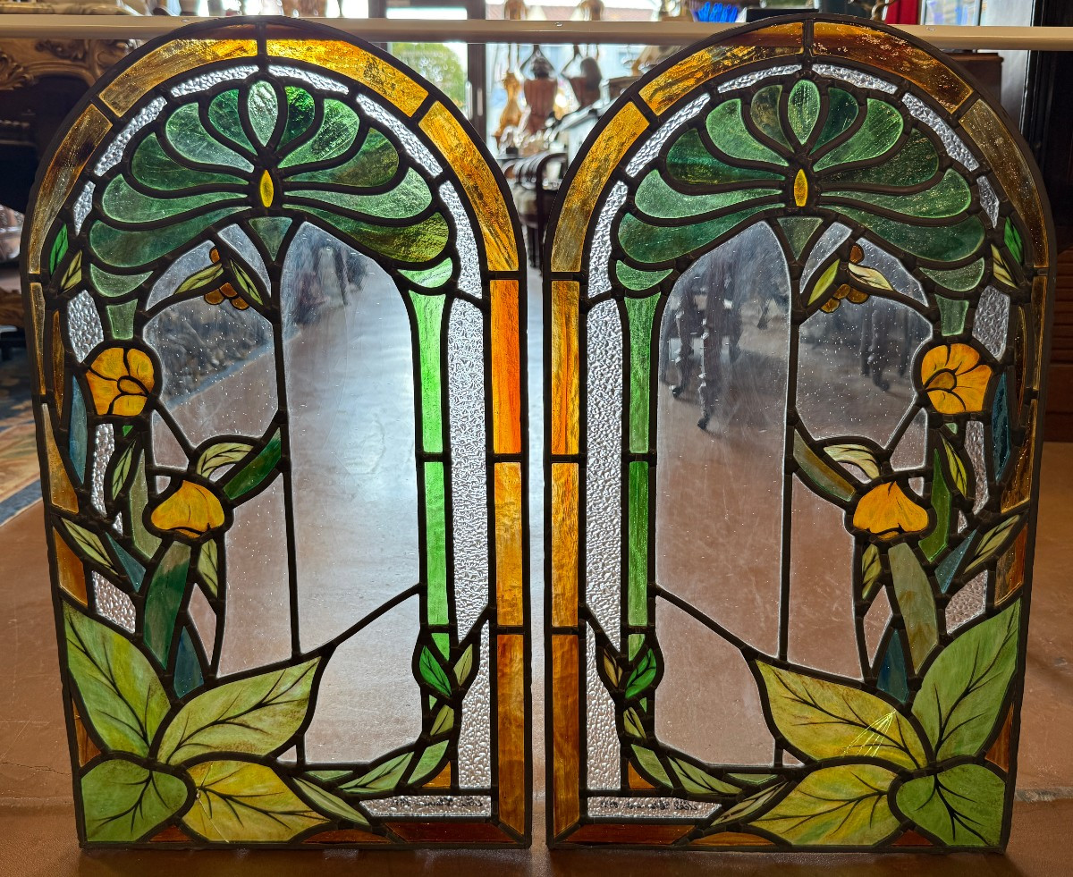 Stained Glass Window Two Stained Glass Windows Forming A Pendant Art Nouveau Floral Decoration By Noël Clemente 1995-photo-2