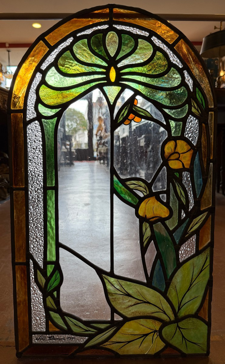 Stained Glass Window Two Stained Glass Windows Forming A Pendant Art Nouveau Floral Decoration By Noël Clemente 1995-photo-3