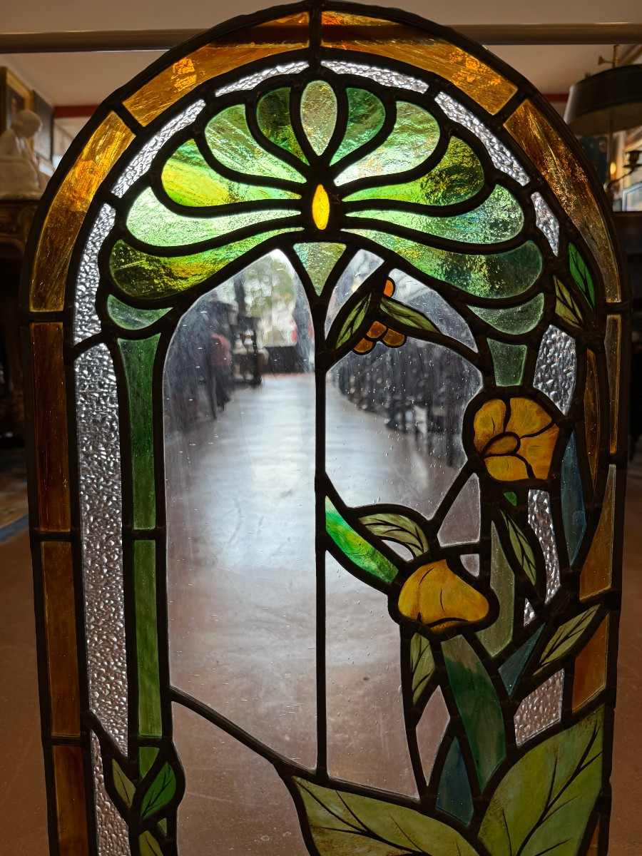 Stained Glass Window Two Stained Glass Windows Forming A Pendant Art Nouveau Floral Decoration By Noël Clemente 1995-photo-4