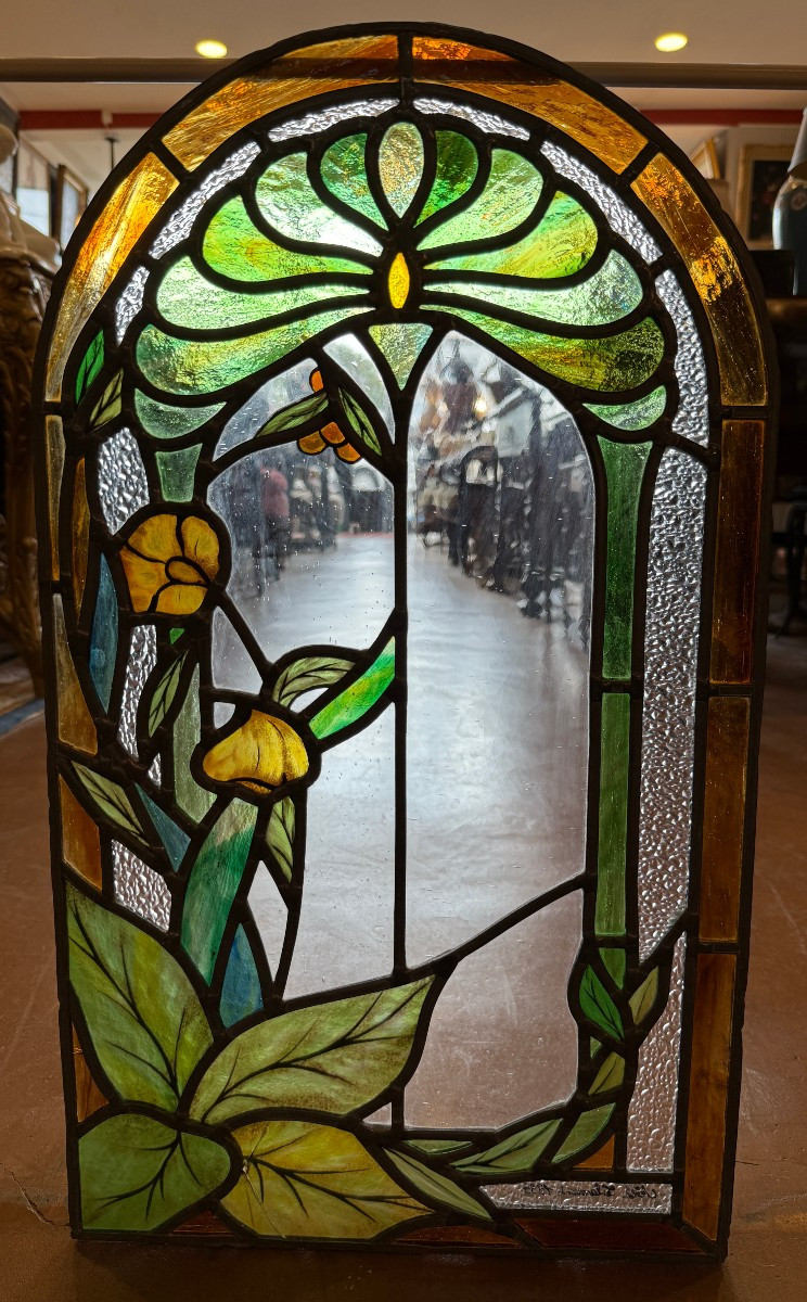 Stained Glass Window Two Stained Glass Windows Forming A Pendant Art Nouveau Floral Decoration By Noël Clemente 1995-photo-3