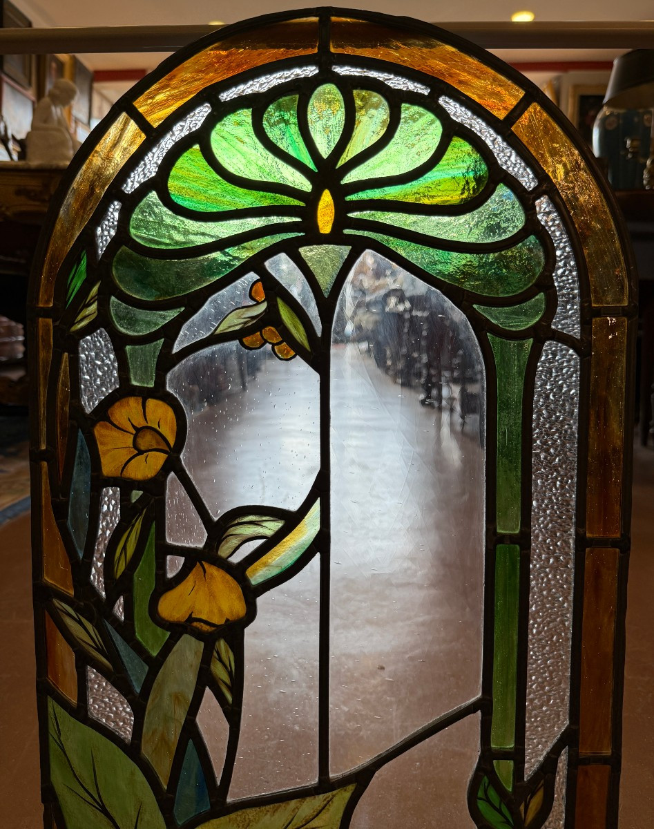 Stained Glass Window Two Stained Glass Windows Forming A Pendant Art Nouveau Floral Decoration By Noël Clemente 1995-photo-4