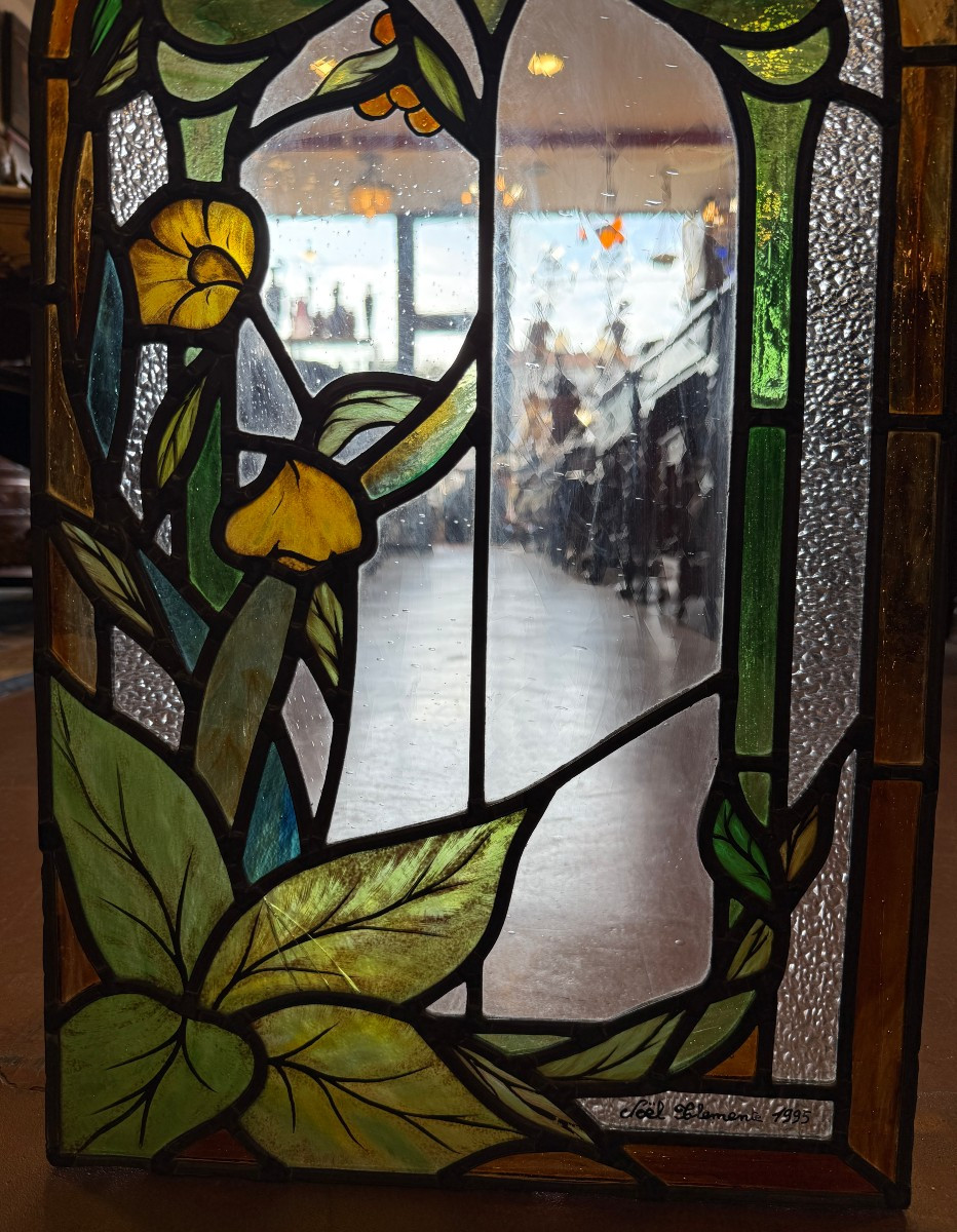 Stained Glass Window Two Stained Glass Windows Forming A Pendant Art Nouveau Floral Decoration By Noël Clemente 1995-photo-5