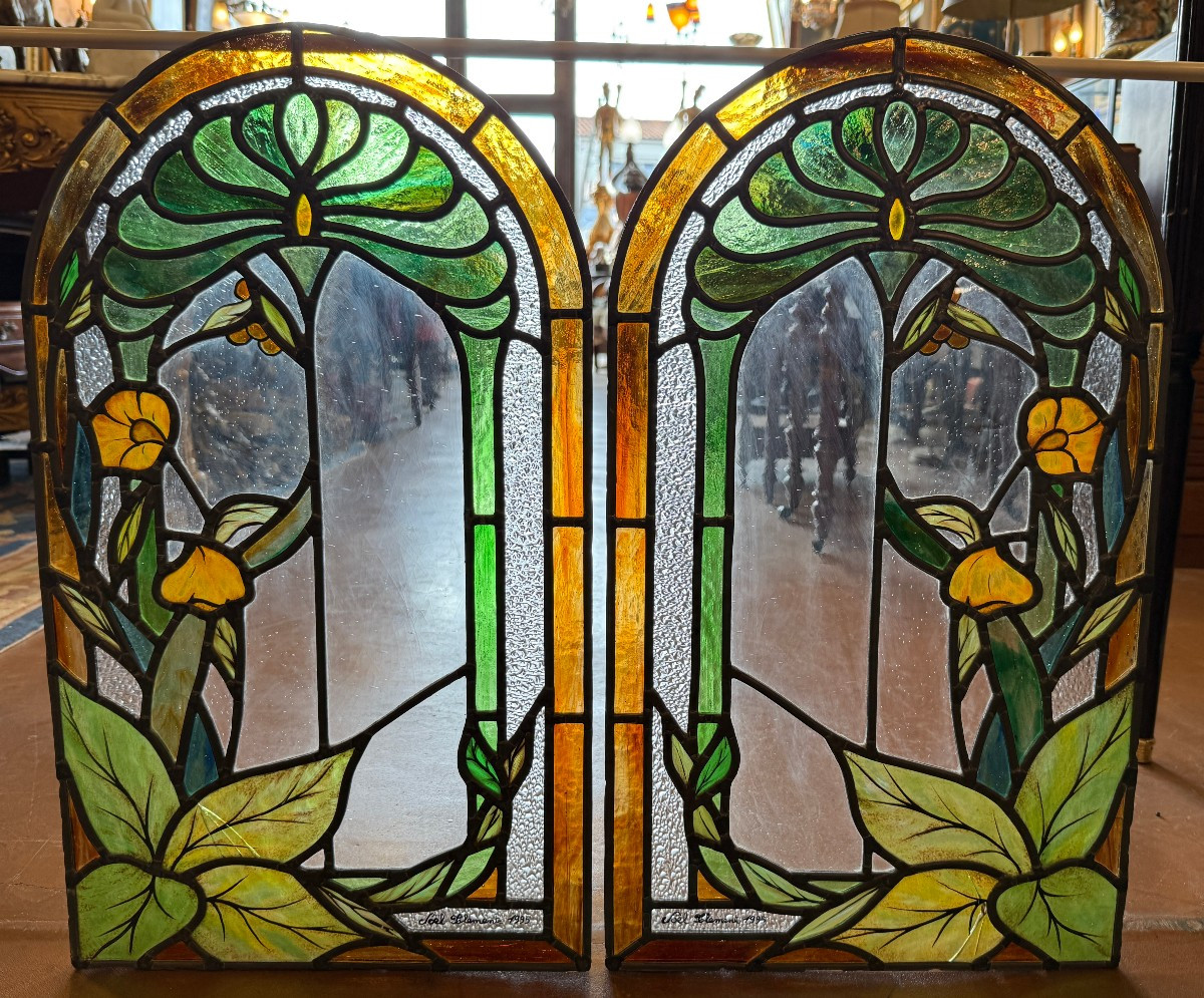 Stained Glass Window Two Stained Glass Windows Forming A Pendant Art Nouveau Floral Decoration By Noël Clemente 1995