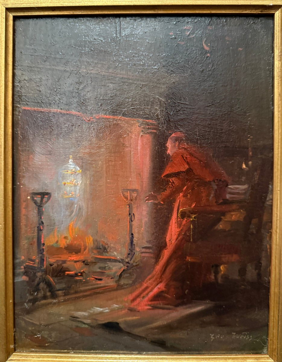Painting Of A Cardinal Warming Himself By The Fireplace By Géo Weiss, Barbizon School-photo-2