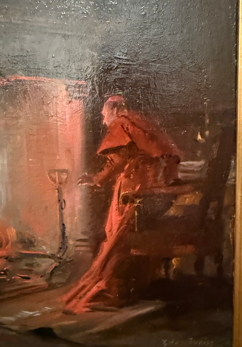 Painting Of A Cardinal Warming Himself By The Fireplace By Géo Weiss, Barbizon School-photo-3