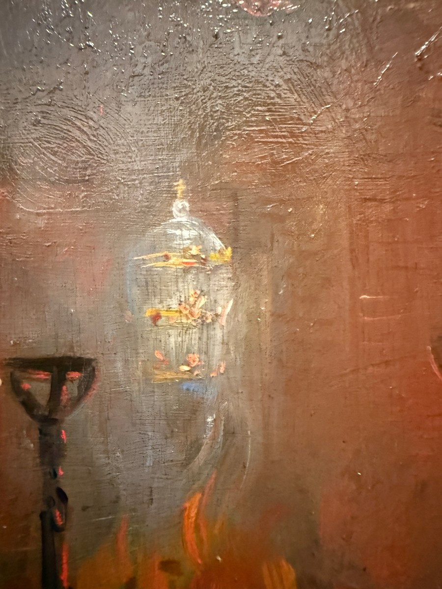 Painting Of A Cardinal Warming Himself By The Fireplace By Géo Weiss, Barbizon School-photo-2