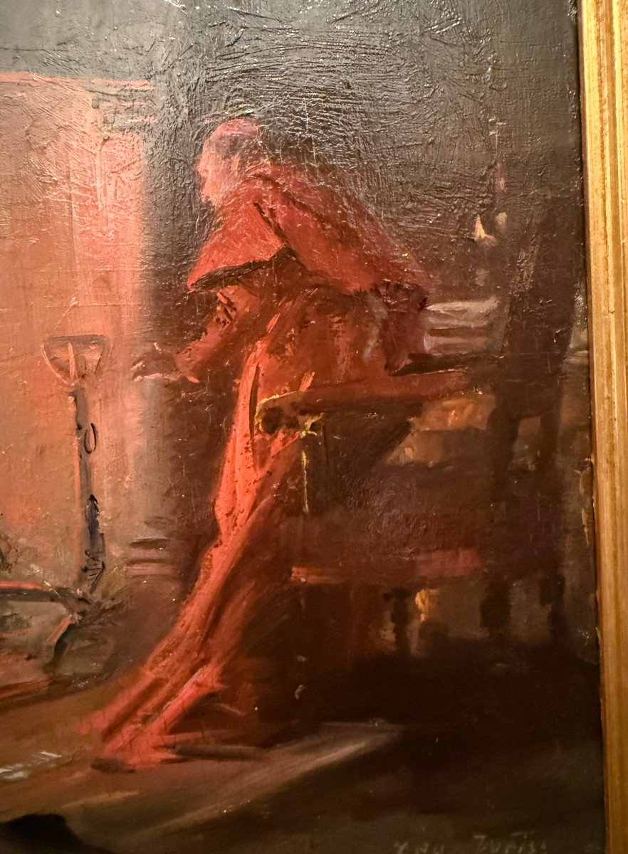 Painting Of A Cardinal Warming Himself By The Fireplace By Géo Weiss, Barbizon School-photo-5
