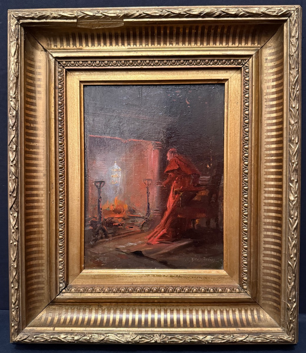 Painting Of A Cardinal Warming Himself By The Fireplace By Géo Weiss, Barbizon School