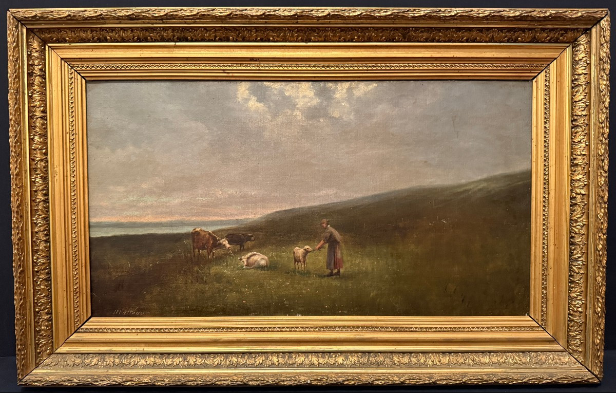 Tableau fermière et son troupeau par Malteau  XIXème