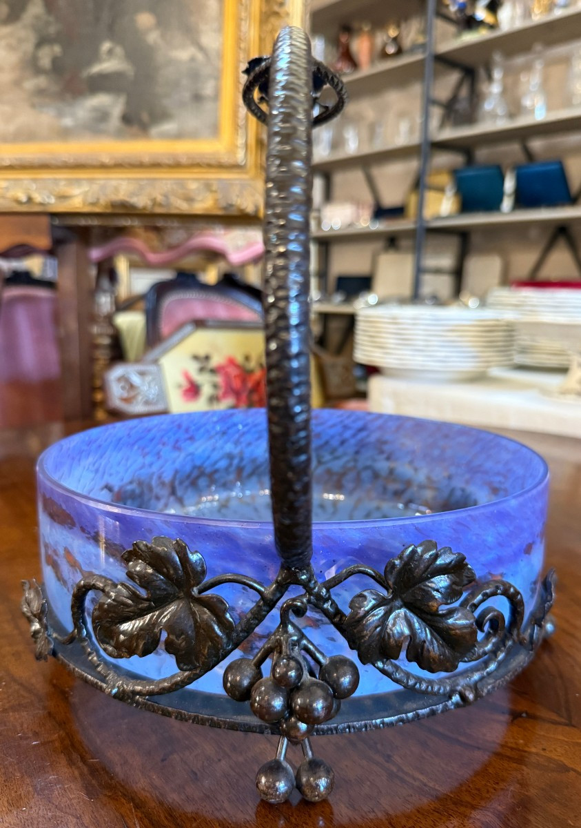 Coupe à fruits Art Déco verre bleu orange  et fer forgé par Degué vers 1925-photo-4