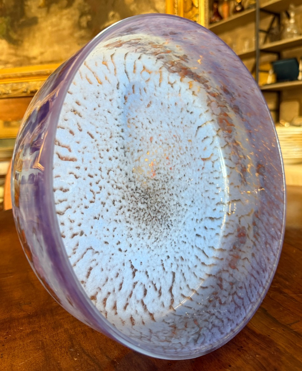 Coupe à fruits Art Déco verre bleu orange  et fer forgé par Degué vers 1925-photo-3