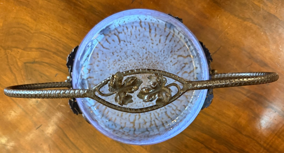 Coupe à fruits Art Déco verre bleu orange  et fer forgé par Degué vers 1925-photo-7