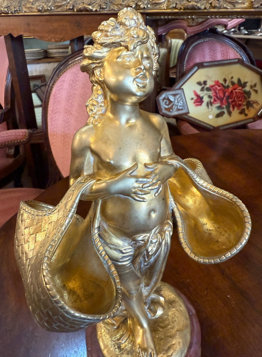 Art Nouveau Gilded Bronze Sculpture Of A Young Girl With Baskets By Joseph Chéret E Soleau Founder-photo-2