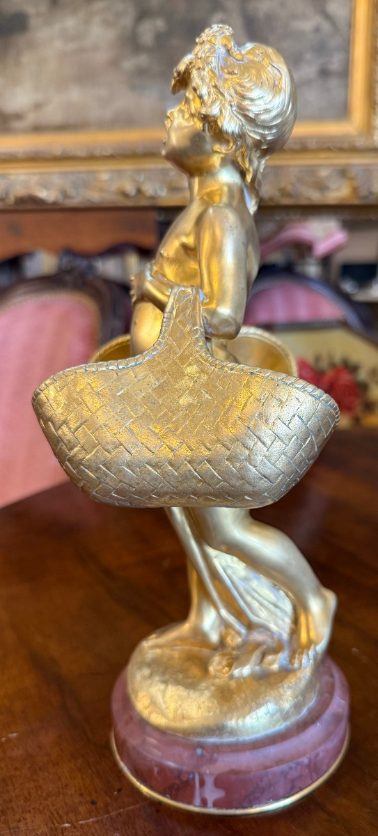 Art Nouveau Gilded Bronze Sculpture Of A Young Girl With Baskets By Joseph Chéret E Soleau Founder-photo-4