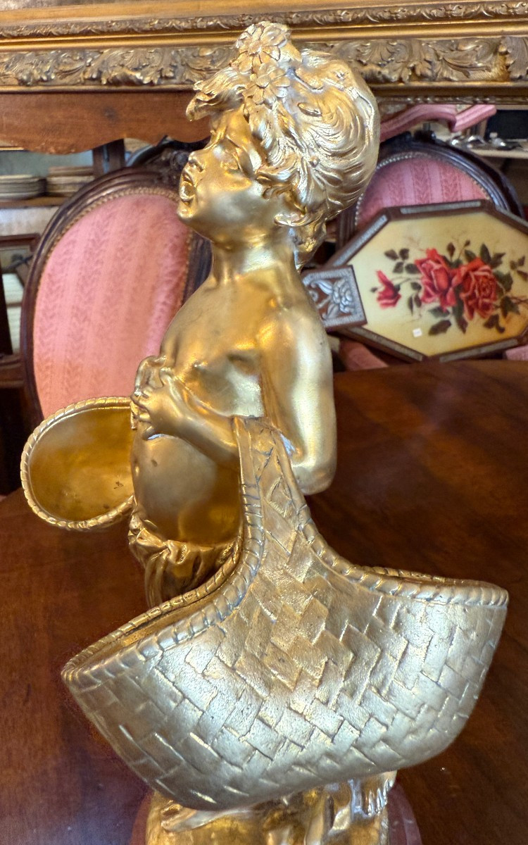 Art Nouveau Gilded Bronze Sculpture Of A Young Girl With Baskets By Joseph Chéret E Soleau Founder-photo-1