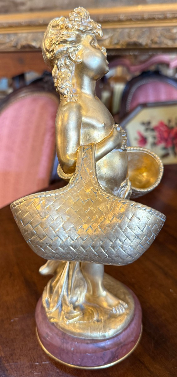 Art Nouveau Gilded Bronze Sculpture Of A Young Girl With Baskets By Joseph Chéret E Soleau Founder-photo-4