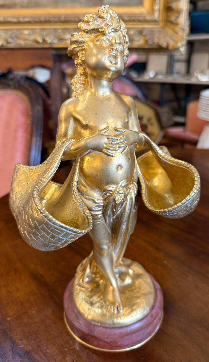 Art Nouveau Gilded Bronze Sculpture Of A Young Girl With Baskets By Joseph Chéret E Soleau Founder