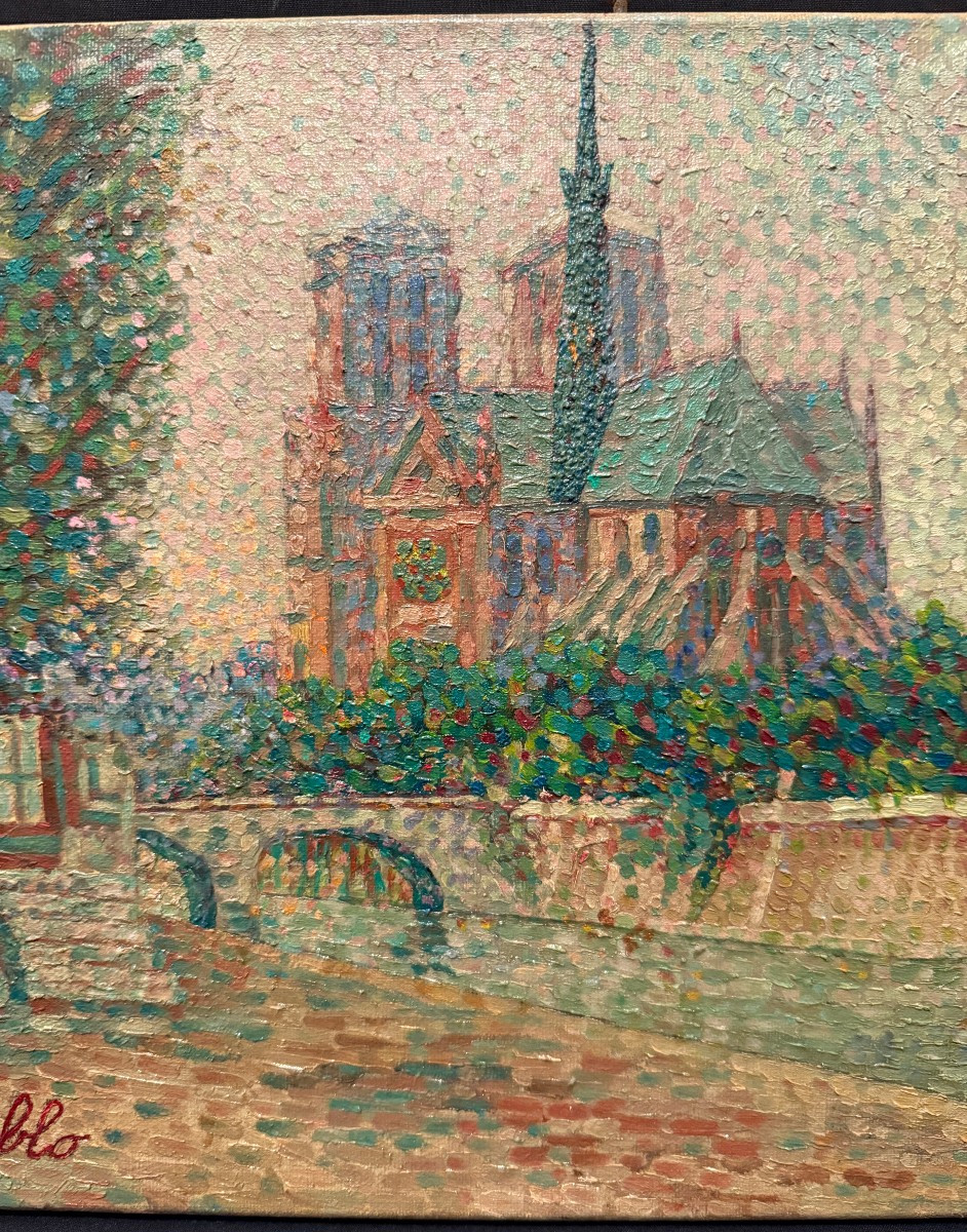 Pointillist Painting Of The Apse Of Notre Dame De Paris And The Seine By Pueblo Circa 1930-photo-4