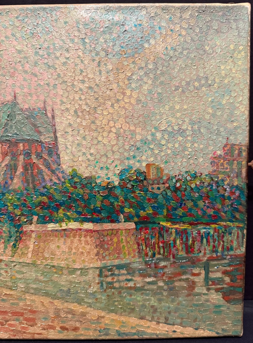 Pointillist Painting Of The Apse Of Notre Dame De Paris And The Seine By Pueblo Circa 1930-photo-1