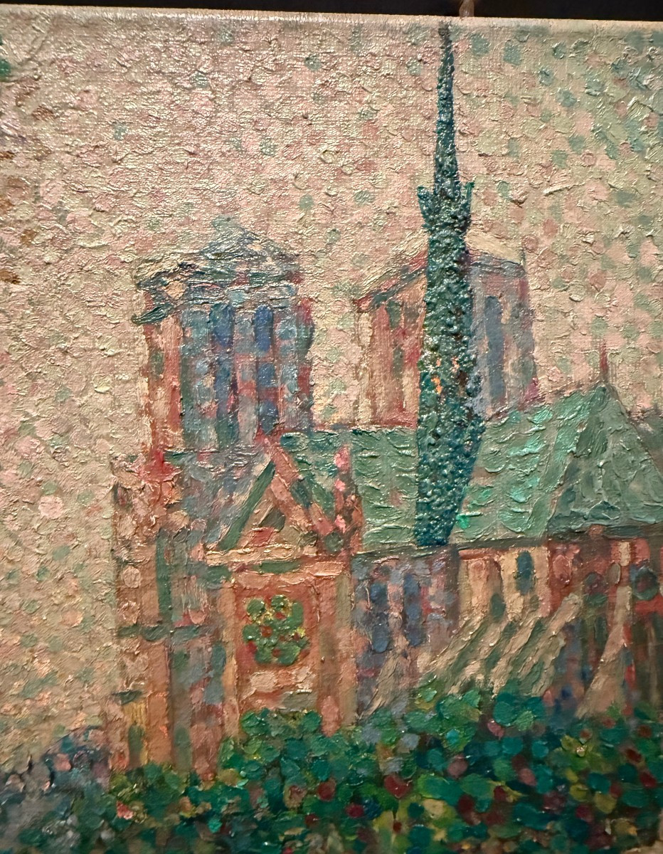 Pointillist Painting Of The Apse Of Notre Dame De Paris And The Seine By Pueblo Circa 1930-photo-2
