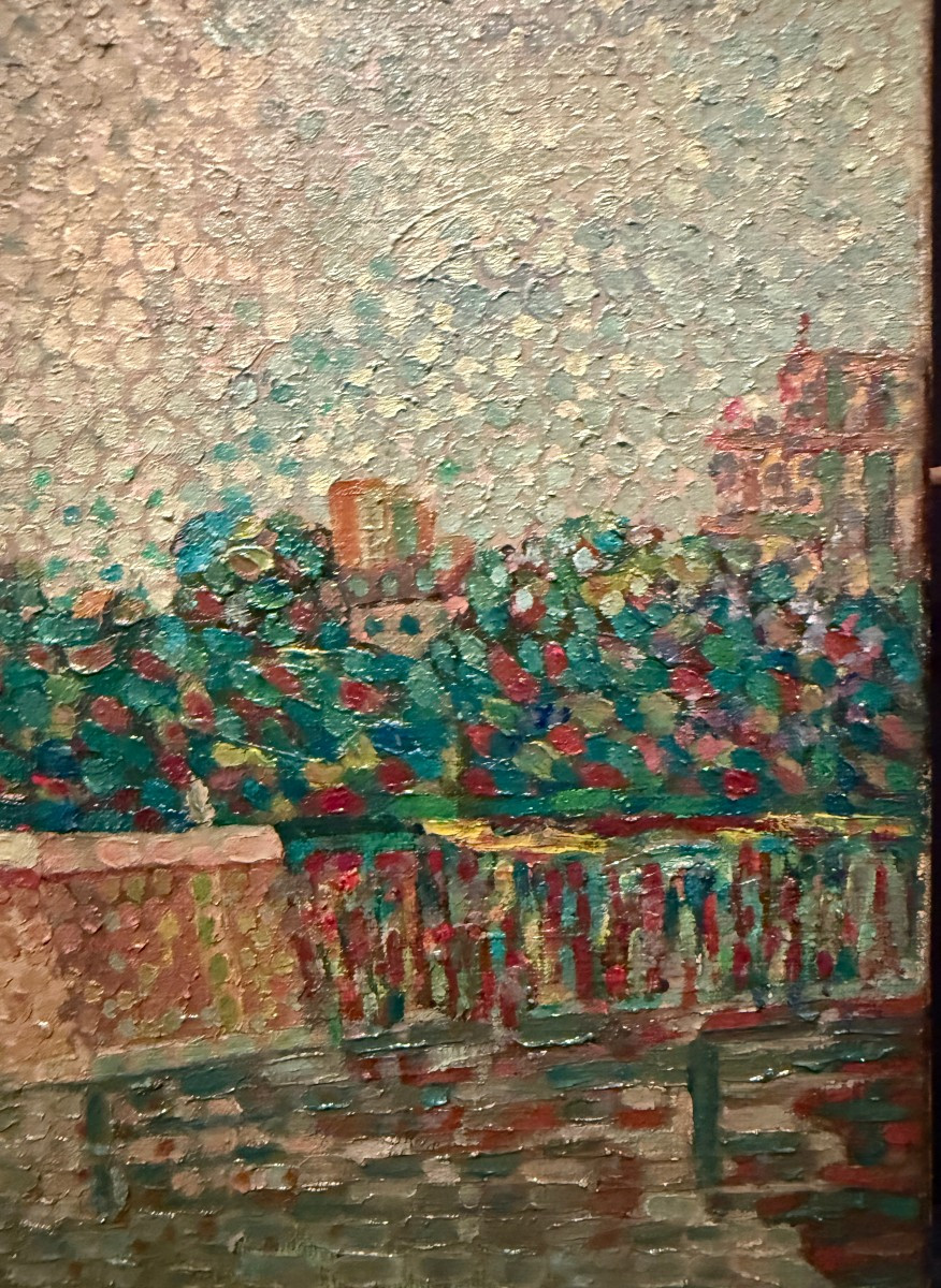 Pointillist Painting Of The Apse Of Notre Dame De Paris And The Seine By Pueblo Circa 1930-photo-5