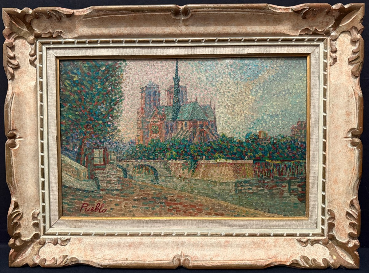 Pointillist Painting Of The Apse Of Notre Dame De Paris And The Seine By Pueblo Circa 1930