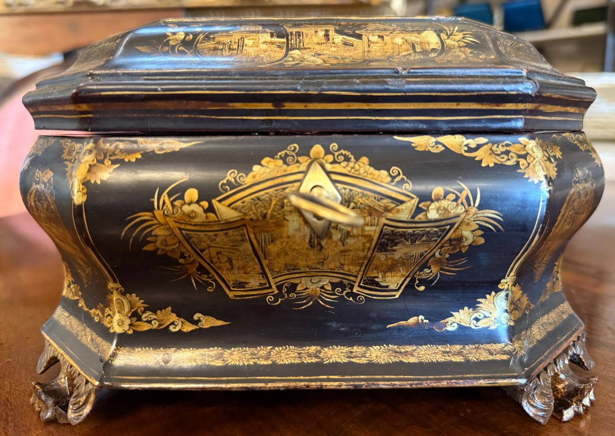 China Canton Tea Box In Gold Lacquered Wood, 19th Century-photo-2