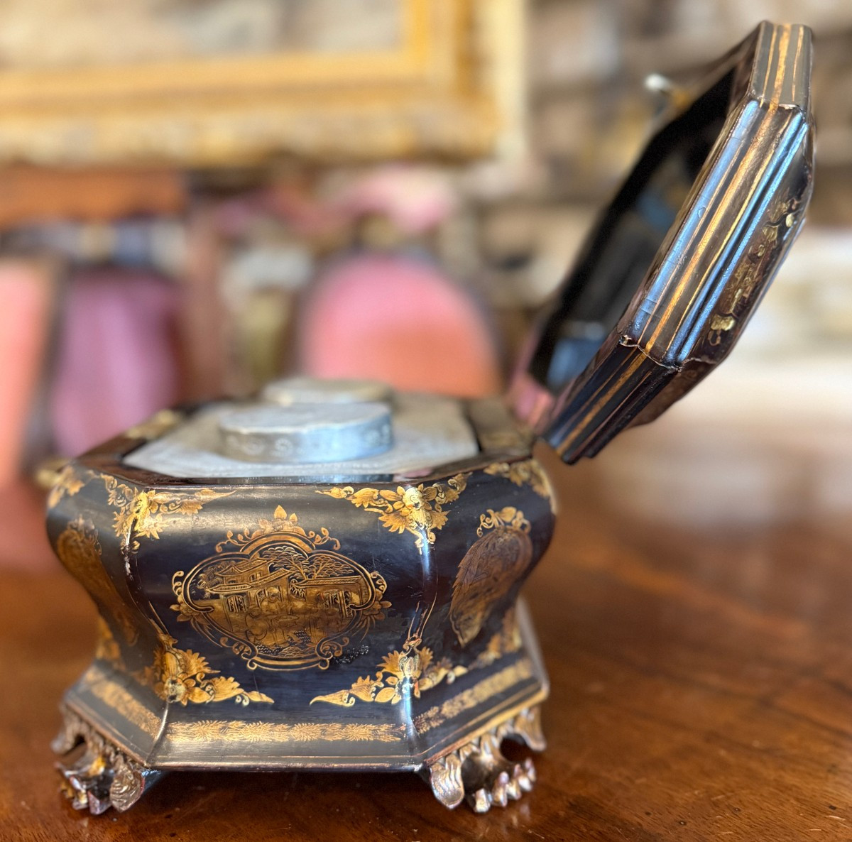 China Canton Tea Box In Gold Lacquered Wood, 19th Century-photo-4