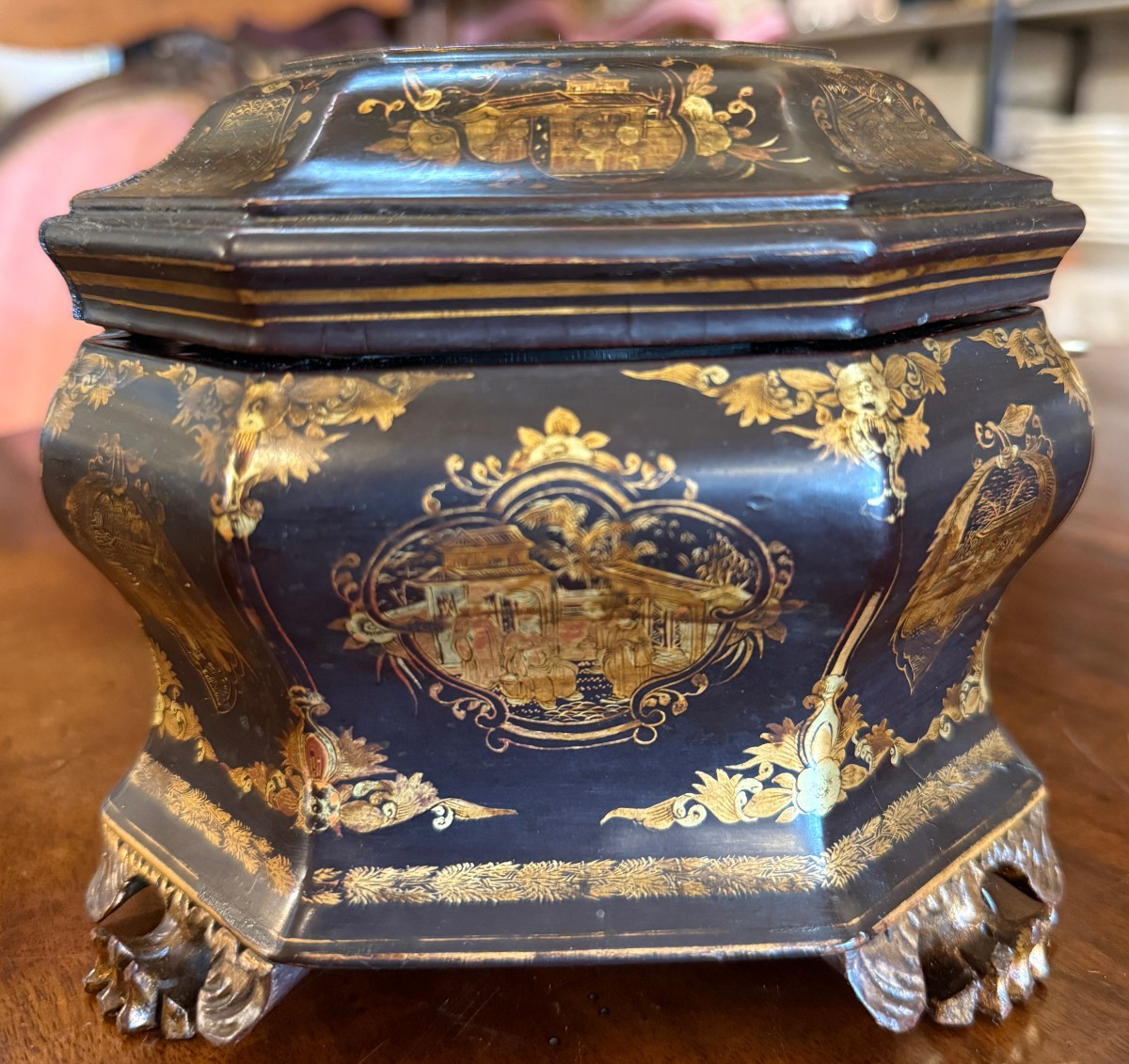 China Canton Tea Box In Gold Lacquered Wood, 19th Century-photo-2
