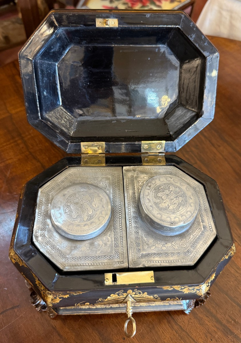 China Canton Tea Box In Gold Lacquered Wood, 19th Century-photo-4