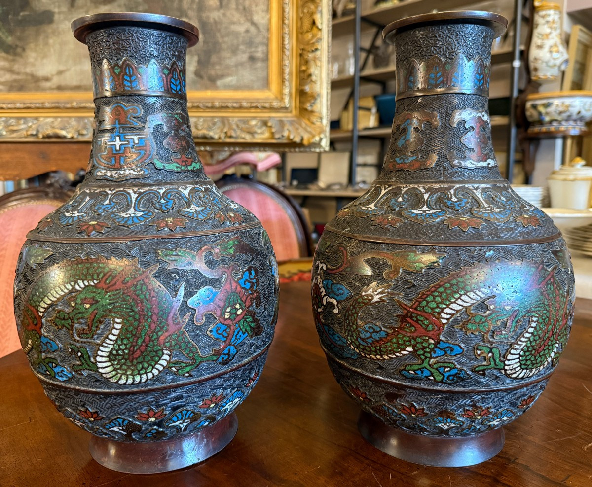 Pair Of Enamelled Bronze Dragon Vases, Japan, Late 19th Century