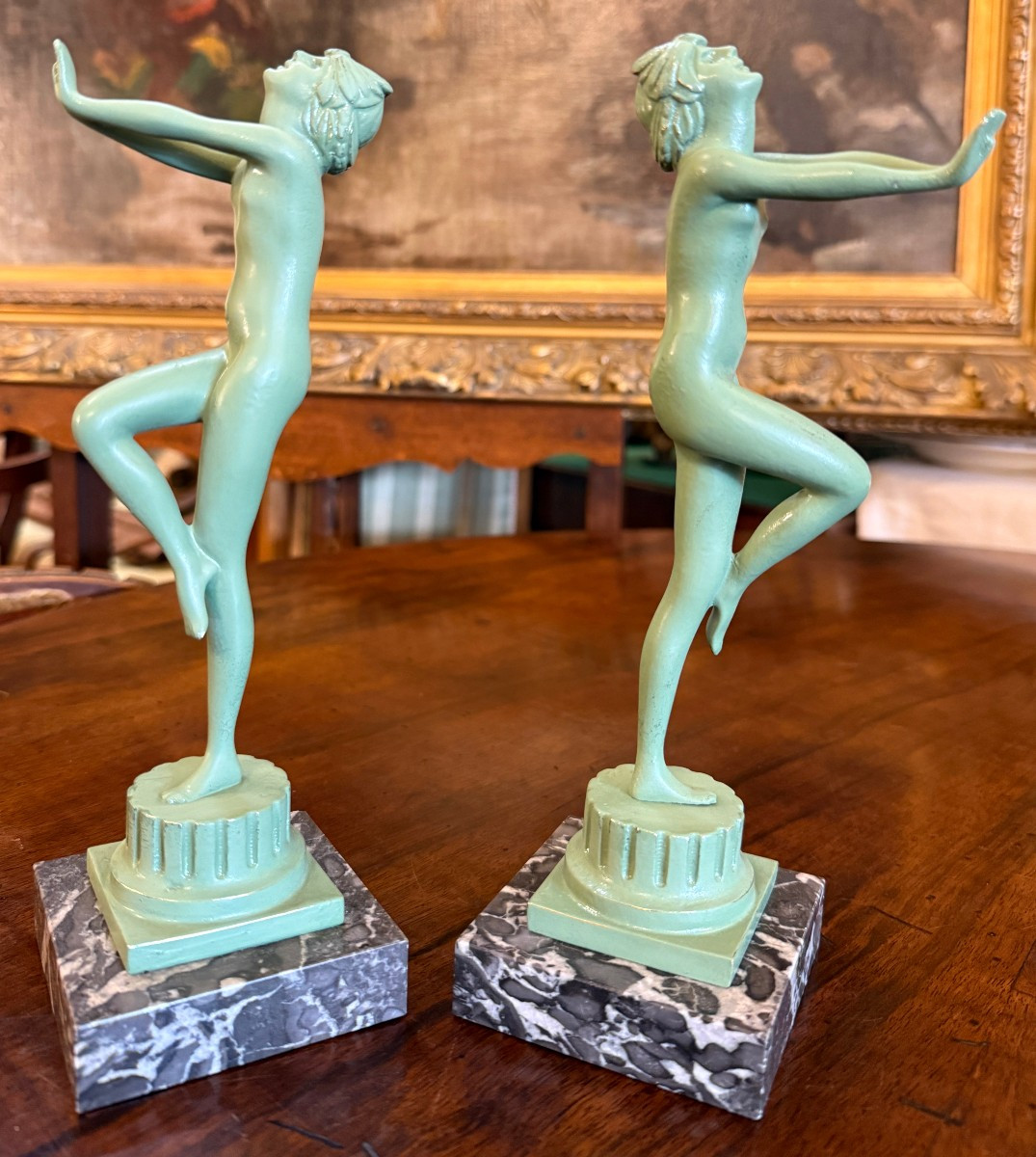 Pair Of Art Deco Bronze Sculptures Of Dancing Nude Women By Serge Zelikson-photo-2
