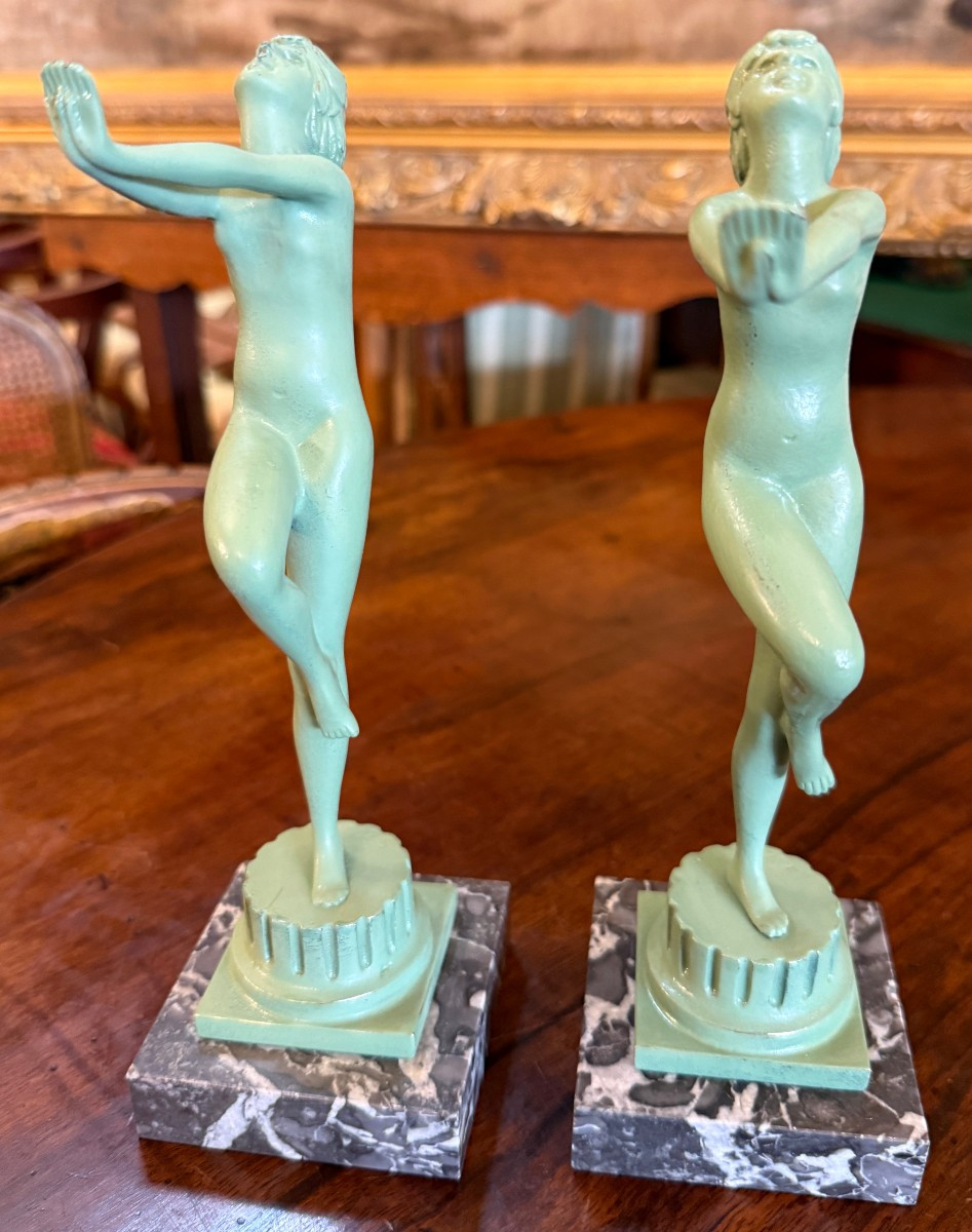 Pair Of Art Deco Bronze Sculptures Of Dancing Nude Women By Serge Zelikson-photo-2