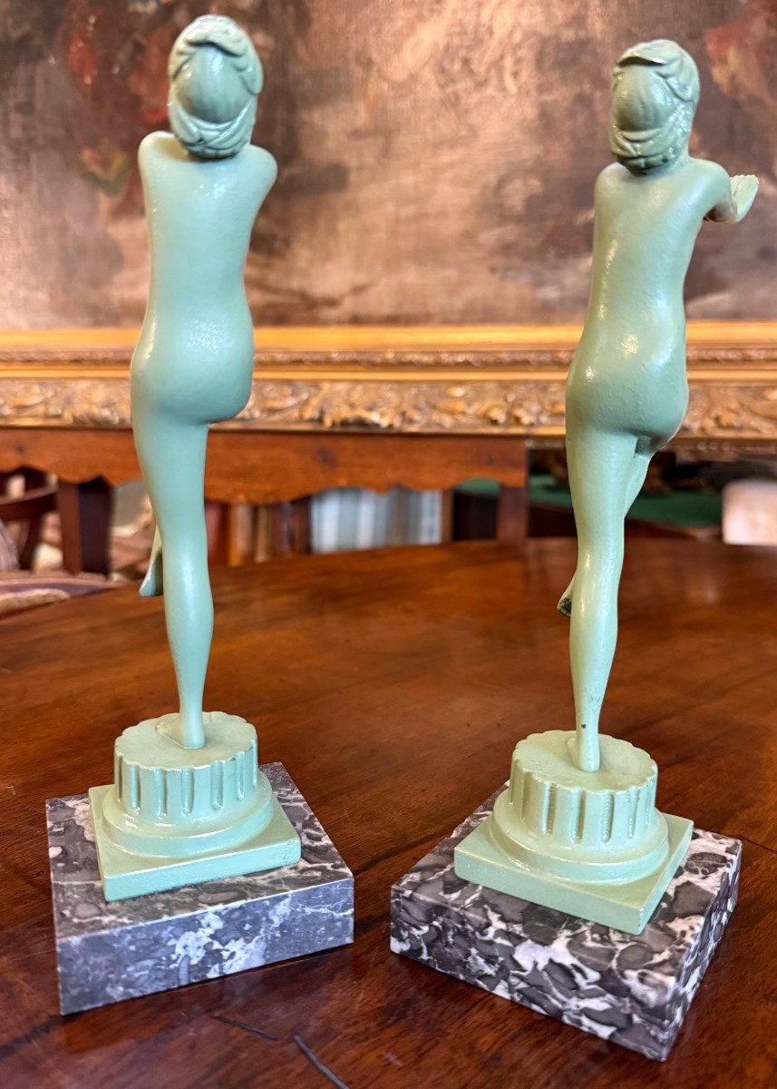 Pair Of Art Deco Bronze Sculptures Of Dancing Nude Women By Serge Zelikson-photo-3