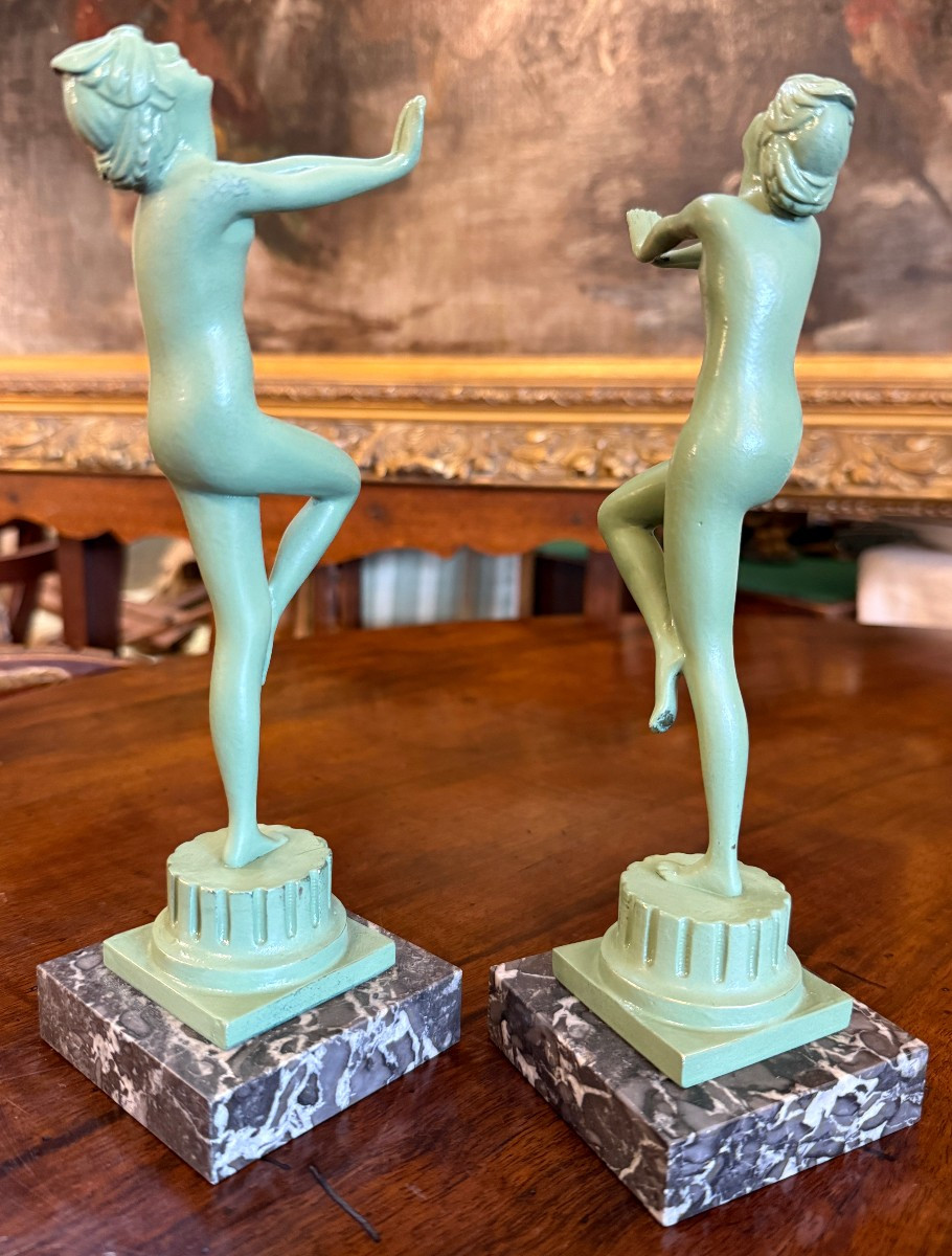 Pair Of Art Deco Bronze Sculptures Of Dancing Nude Women By Serge Zelikson-photo-4