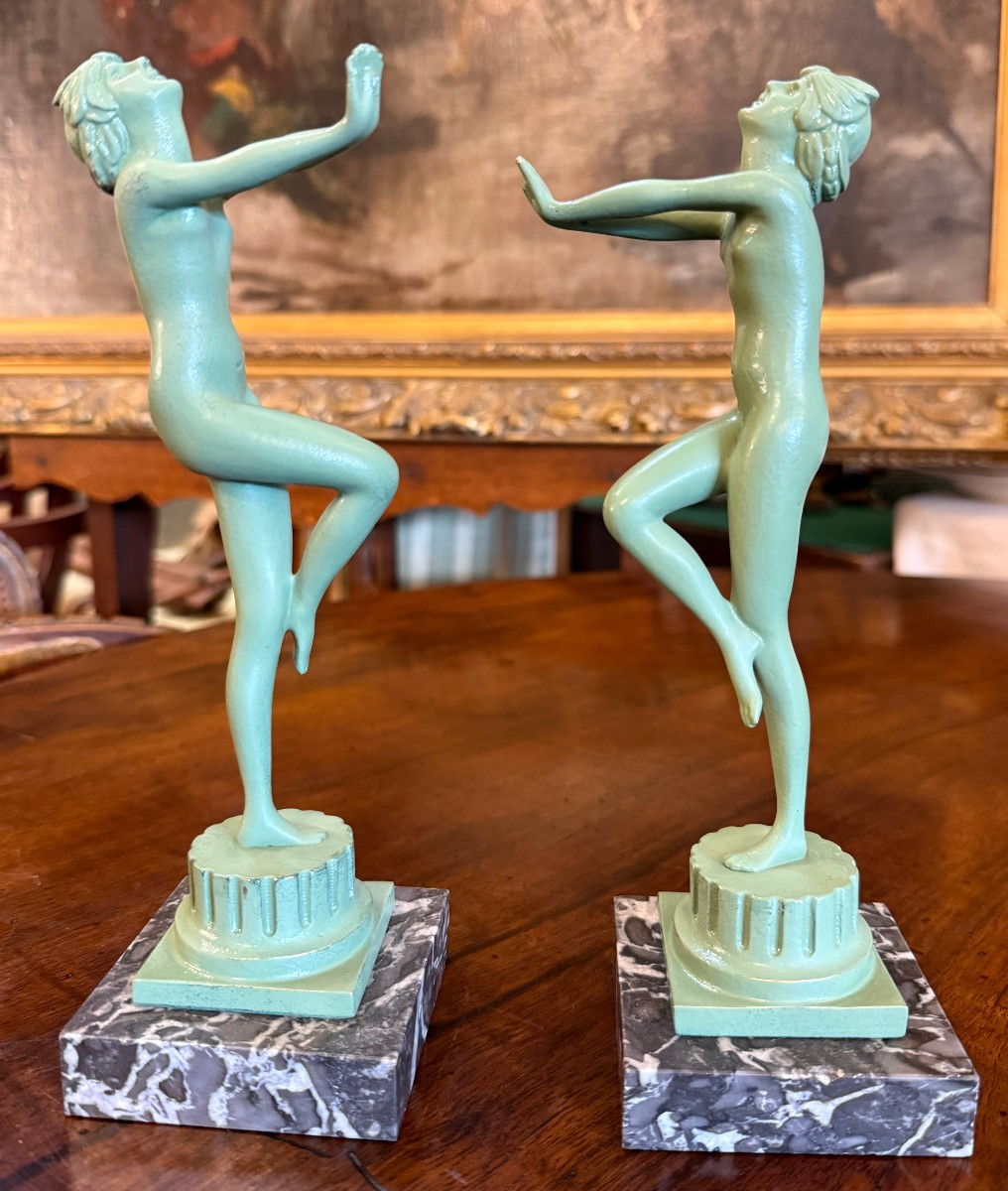Pair Of Art Deco Bronze Sculptures Of Dancing Nude Women By Serge Zelikson-photo-5
