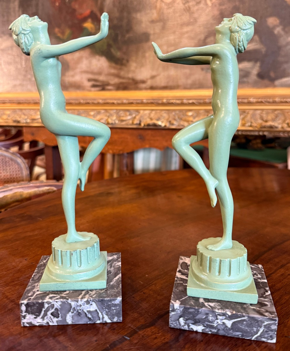 Pair Of Art Deco Bronze Sculptures Of Dancing Nude Women By Serge Zelikson