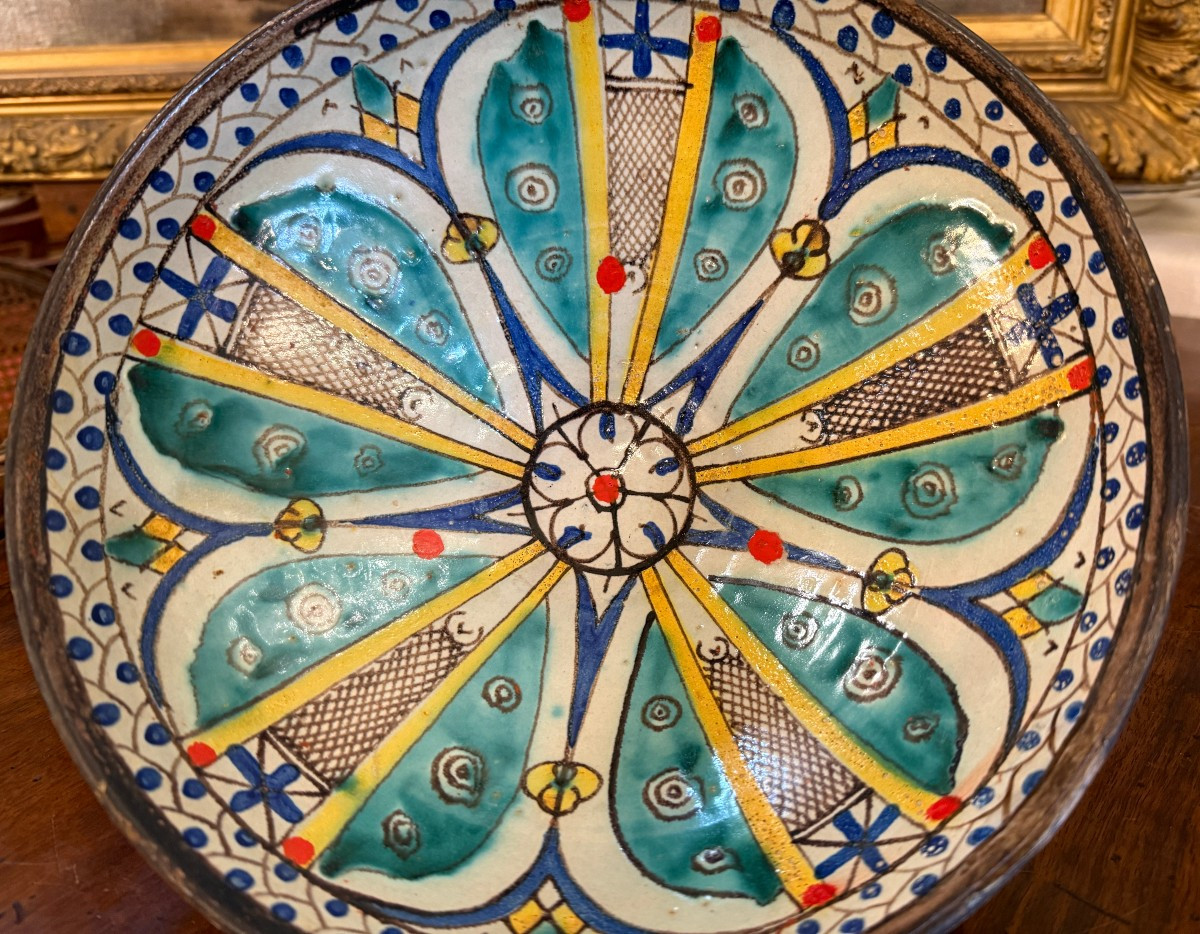 Plat mokhfia en faïence polychrome décor tortue Fès Maroc  fin XIXème-photo-3