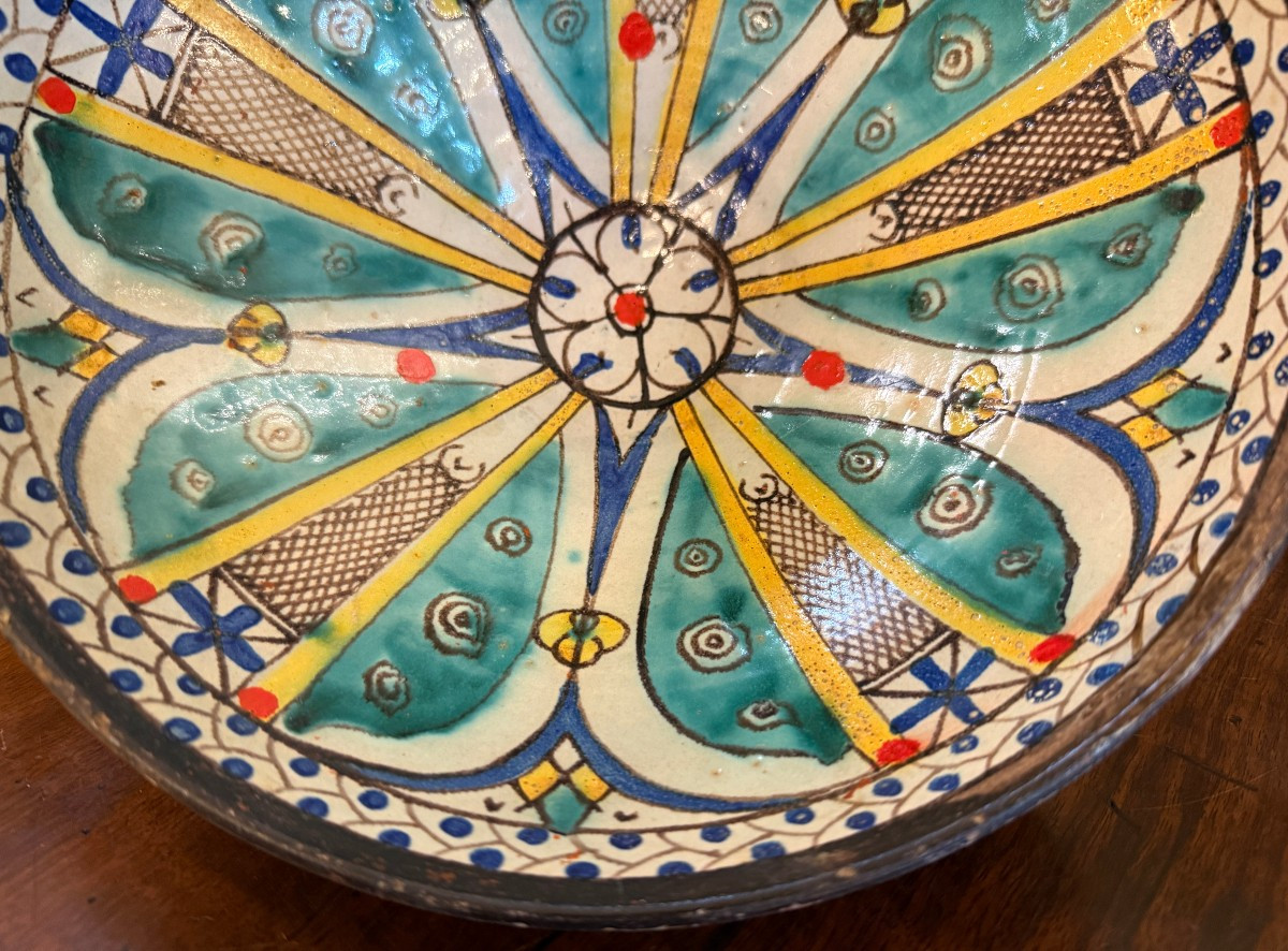 Plat mokhfia en faïence polychrome décor tortue Fès Maroc  fin XIXème-photo-4
