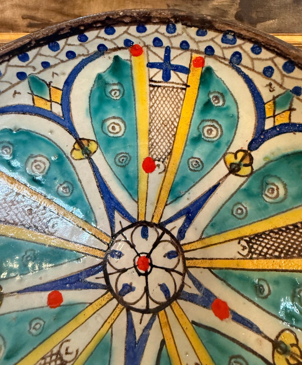 Plat mokhfia en faïence polychrome décor tortue Fès Maroc  fin XIXème-photo-1