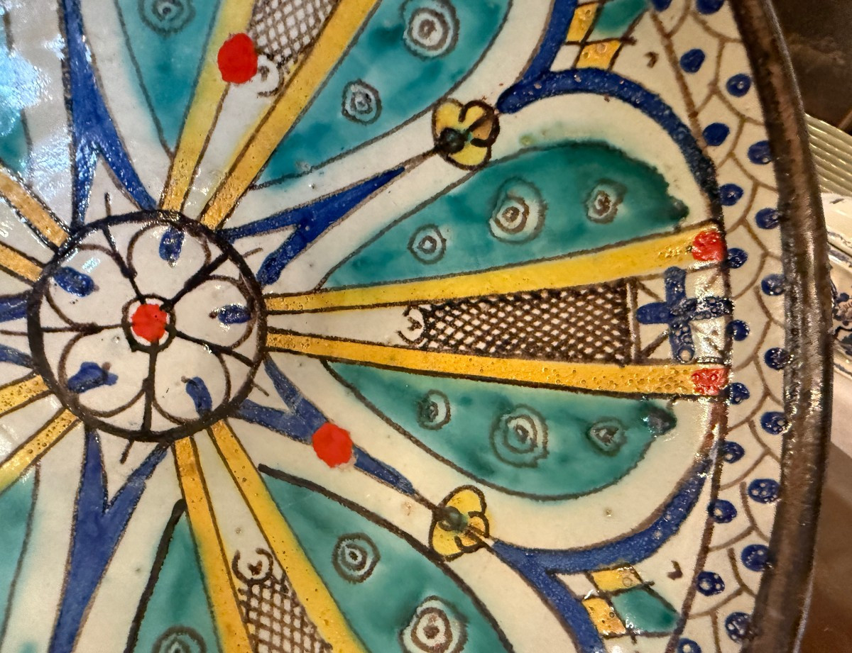 Plat mokhfia en faïence polychrome décor tortue Fès Maroc  fin XIXème-photo-2