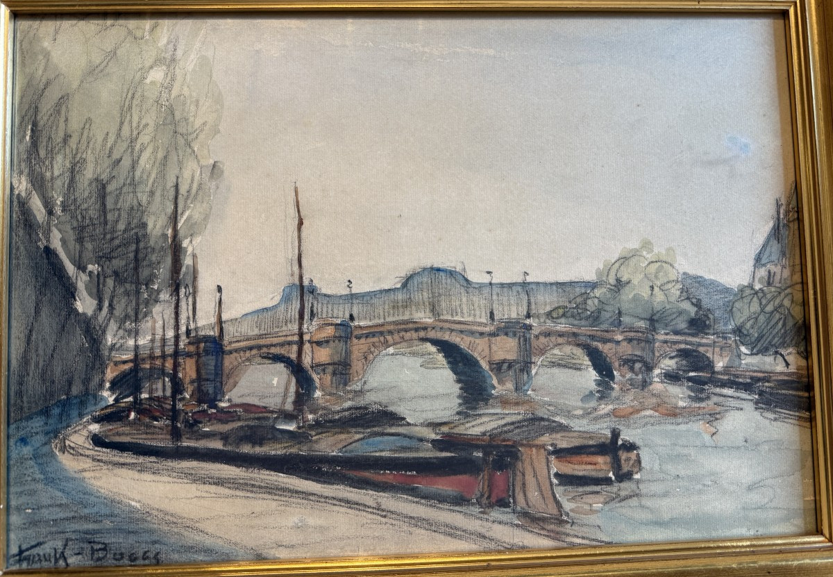 Aquarelle péniches à quai sur la Seine devant le Pont Neuf à Paris par FRANK-BOGGS-photo-2