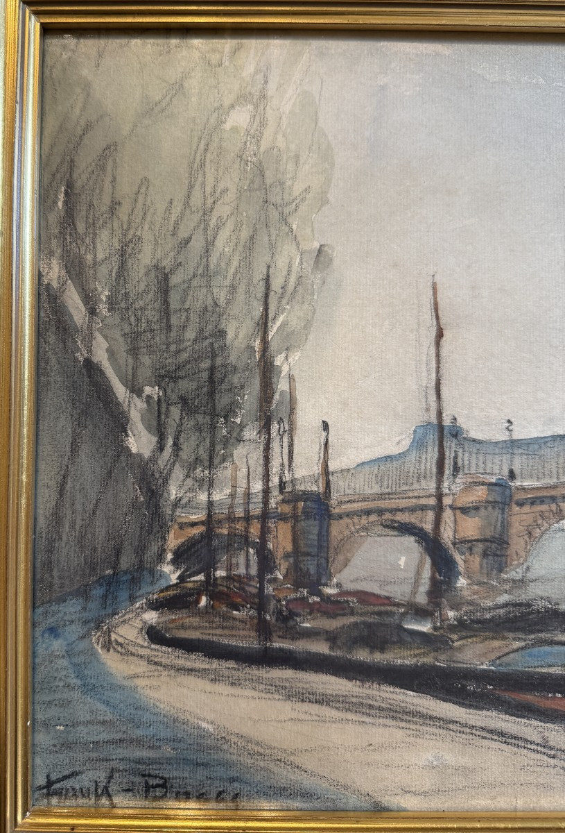 Aquarelle péniches à quai sur la Seine devant le Pont Neuf à Paris par FRANK-BOGGS-photo-3