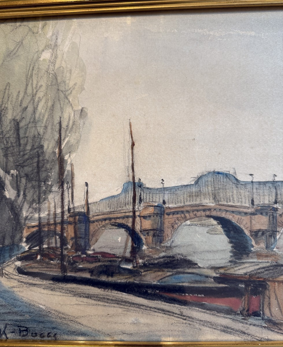 Aquarelle péniches à quai sur la Seine devant le Pont Neuf à Paris par FRANK-BOGGS-photo-4